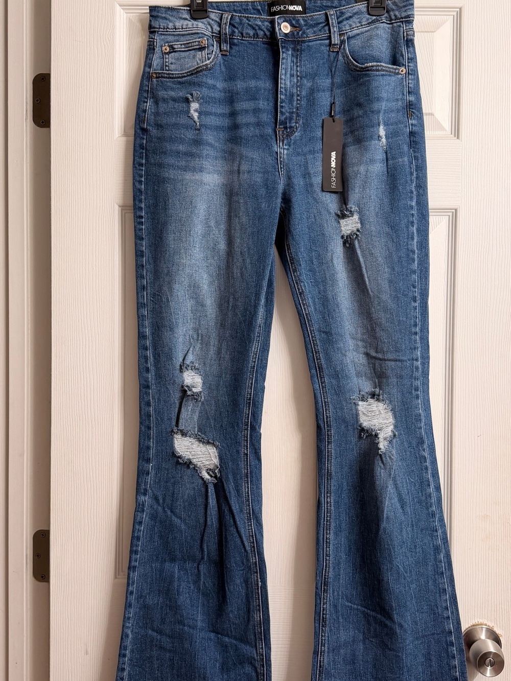 Fashion Nova Distressed Dark Blue Flare Jeans